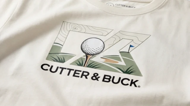 Vit t-shirt med ett detaljerat tryck i flera färger av en golfboll på en tee och texten Cutter & Buck