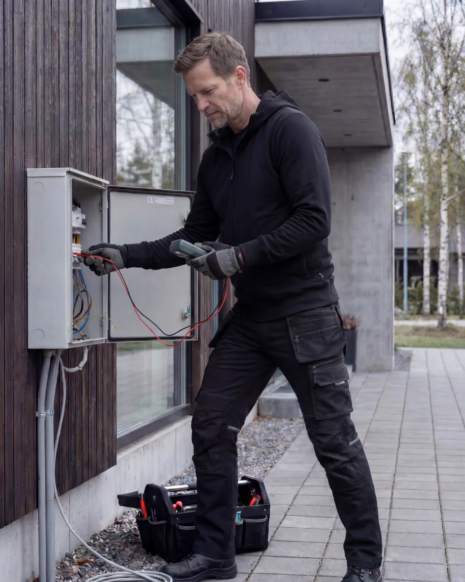 Installatör i svart huvtröja och hantverksbyxor mäter i ett elskåp på en husvägg